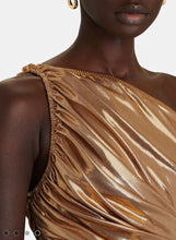 Load image into Gallery viewer, XL NWT NORMA KAMALI
Gold Diana Lamé Ruched One-Shoulder Top

