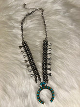 Load image into Gallery viewer, Turquoise &amp; Tan Silver Squash Blossom Western Necklace
