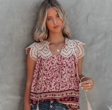 Load image into Gallery viewer, Large VICI Boho Floral print eyelet v-neck ruffle sleeve top

