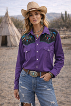 Load image into Gallery viewer, Large Vintage High Noon Purple Western Pearl Snap with Embroidered Dreamcatchers
