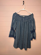Load image into Gallery viewer, XL Kiwi Punch Boho Blue Stripped Off Shoulder Mini Dress/ Tunic Top
