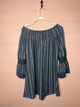 Load image into Gallery viewer, XL Kiwi Punch Boho Blue Stripped Off Shoulder Mini Dress/ Tunic Top
