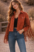 Load image into Gallery viewer, Medium Juicy Couture NWT Fringed Trucker Jacket Rust Faux Suede Western Boho
