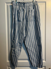 Load image into Gallery viewer, Large Petite Loft Blue White Stipe Linen Paper Bag Pants
