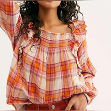 Load image into Gallery viewer, Small Free People Siena plaid print smocked ruffle blouse
