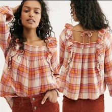 Load image into Gallery viewer, Small Free People Siena plaid print smocked ruffle blouse
