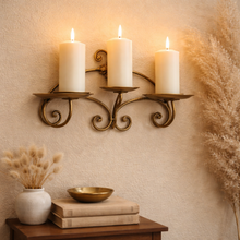 Load image into Gallery viewer, Vintage Gold Wrought Iron Triple Pillar Candelabra Wall Sconce
