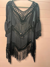Load image into Gallery viewer, One Size Black Crochet Fringe Cardigan/ Cover
