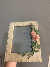 Load image into Gallery viewer, vintage 1980s 5x7” floral picture frame made from resin with a faux stone texture, adorned with 3D pink roses and green leaves
