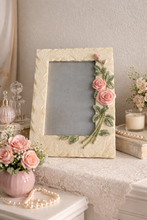 Load image into Gallery viewer, vintage 1980s 5x7” floral picture frame made from resin with a faux stone texture, adorned with 3D pink roses and green leaves
