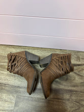 Load image into Gallery viewer, 7.5 Fergalicious Brown Woven Heeled Ankle Booties
