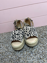 Load image into Gallery viewer, Size 9 Bella Marie Leopard Pony Hair Suede Espadrille Wedge Sandals
