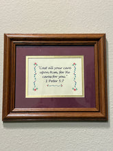 Load image into Gallery viewer, 1 Peter 5:7 Vintage Floral Red &amp; Gold Wooden Framed Scriptures Art
