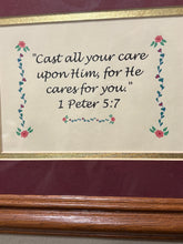 Load image into Gallery viewer, 1 Peter 5:7 Vintage Floral Red &amp; Gold Wooden Framed Scriptures Art
