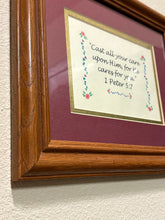 Load image into Gallery viewer, 1 Peter 5:7 Vintage Floral Red &amp; Gold Wooden Framed Scriptures Art
