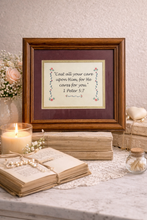 Load image into Gallery viewer, 1 Peter 5:7 Vintage Floral Red &amp; Gold Wooden Framed Scriptures Art
