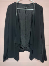 Load image into Gallery viewer, XL Eileen Fisher Black Leather Trim Silk Open Front Drape Cardigan
