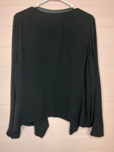 Load image into Gallery viewer, XL Eileen Fisher Black Leather Trim Silk Open Front Drape Cardigan
