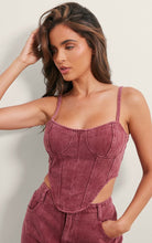Load image into Gallery viewer, Size 10 NWT PrettyLittleThing Washed Burgundy Dipped Hem Denim Corset Top
