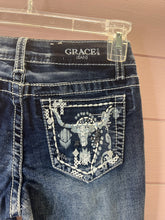 Load image into Gallery viewer, Girls Size 10 Grace LA Cow Skull Raw Hem Flare Jeans
