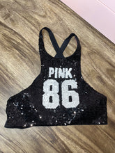 Load image into Gallery viewer, Medium Victoria’s Secret PINK Black Sequin High Neck Swim Top
