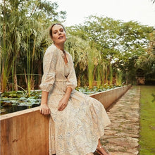 Load image into Gallery viewer, Size 16 Chico’s Plus Size Boho Tan White Eyelet Tiered Ruffle Midi Dress
