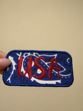 Load image into Gallery viewer, Vintage USA Patch Hat, Patriotic Trucker Hat, Americana Embroidered Patch Cap, Western USA Hat, Upcycled Textile Patch Hat, Fourth of July Hat
