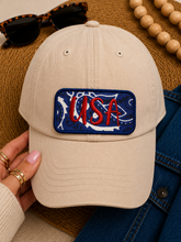 Load image into Gallery viewer, Vintage USA Patch Hat, Patriotic Trucker Hat, Americana Embroidered Patch Cap, Western USA Hat, Upcycled Textile Patch Hat, Fourth of July Hat
