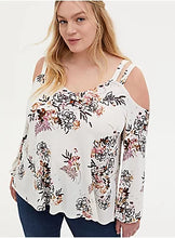 Load image into Gallery viewer, 3X Torrid White Floral Crepe Balloon Sleeve Cold Shoulder Plus Size Blouse
