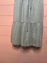 Load image into Gallery viewer, Small Lovestitch Chambray Tiered Ruffle Raw Hem Dress
