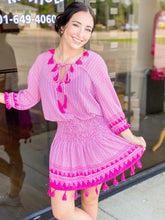 Load image into Gallery viewer, Medium NWT Cezele Hot Pink Boho Sheer V-Neck Tassle Dress/ Swim Suit Cover
