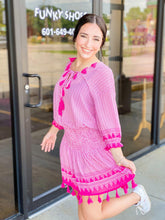 Load image into Gallery viewer, Medium NWT Cezele Hot Pink Boho Sheer V-Neck Tassle Dress/ Swim Suit Cover
