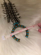 Load image into Gallery viewer, Turquoise &amp; Tan Silver Squash Blossom Western Necklace
