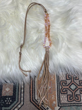 Load image into Gallery viewer, Long Sparkly Pink Tan Leather Fringe Long Necklace
