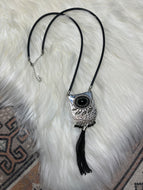 Silver & Black Beaded Tassel Boho Western Long Necklace