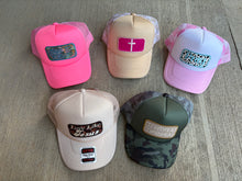 Load image into Gallery viewer, Wholesale Trucker Hats with Thrifted Fabric Embroidered Patches
