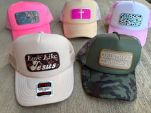 Load image into Gallery viewer, Wholesale Trucker Hats with Thrifted Fabric Embroidered Patches

