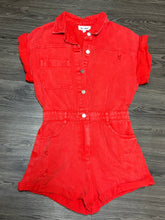 Load image into Gallery viewer, Small Day + Moon Washed Red Distressed Colored Denim Romper With Folded Hem
