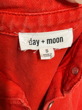 Load image into Gallery viewer, Small Day + Moon Washed Red Distressed Colored Denim Romper With Folded Hem
