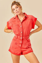 Load image into Gallery viewer, Small Day + Moon Washed Red Distressed Colored Denim Romper With Folded Hem

