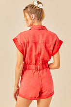 Load image into Gallery viewer, Small Day + Moon Washed Red Distressed Colored Denim Romper With Folded Hem
