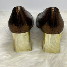 Load image into Gallery viewer, Size 7.5 Zara Bronze Square Toe Gold Block Heel Shoes
