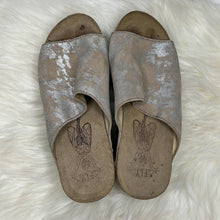 Load image into Gallery viewer, Size 6.5/7 Fly London Tan &amp; Silver Pebbled Leather Platform Cork Sandals Shoes
