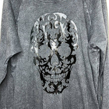 Load image into Gallery viewer, 3X Torrid Plus Black Mineral Wash Skull Raglan Fleece Sweatshirt
