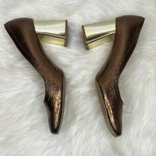Load image into Gallery viewer, Size 7.5 Zara Bronze Square Toe Gold Block Heel Shoes
