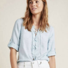 Load image into Gallery viewer, Sz 2 Maeve Anthropologie Blue Linen Marva Lace Up Front Top
