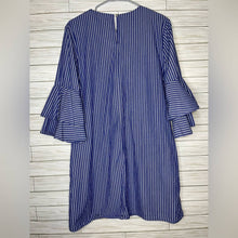 Load image into Gallery viewer, Large Beach Lunch Lounge Blue White Stripe Ruffle Sleeve Cotton Shift Dress
