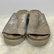 Load image into Gallery viewer, Size 6.5/7 Fly London Tan &amp; Silver Pebbled Leather Platform Cork Sandals Shoes
