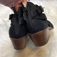 Load image into Gallery viewer, Sz 9 Qupid Black Western Perforated Buckle Heel Ankle Booties Shoes

