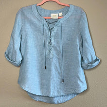 Load image into Gallery viewer, Sz 2 Maeve Anthropologie Blue Linen Marva Lace Up Front Top
